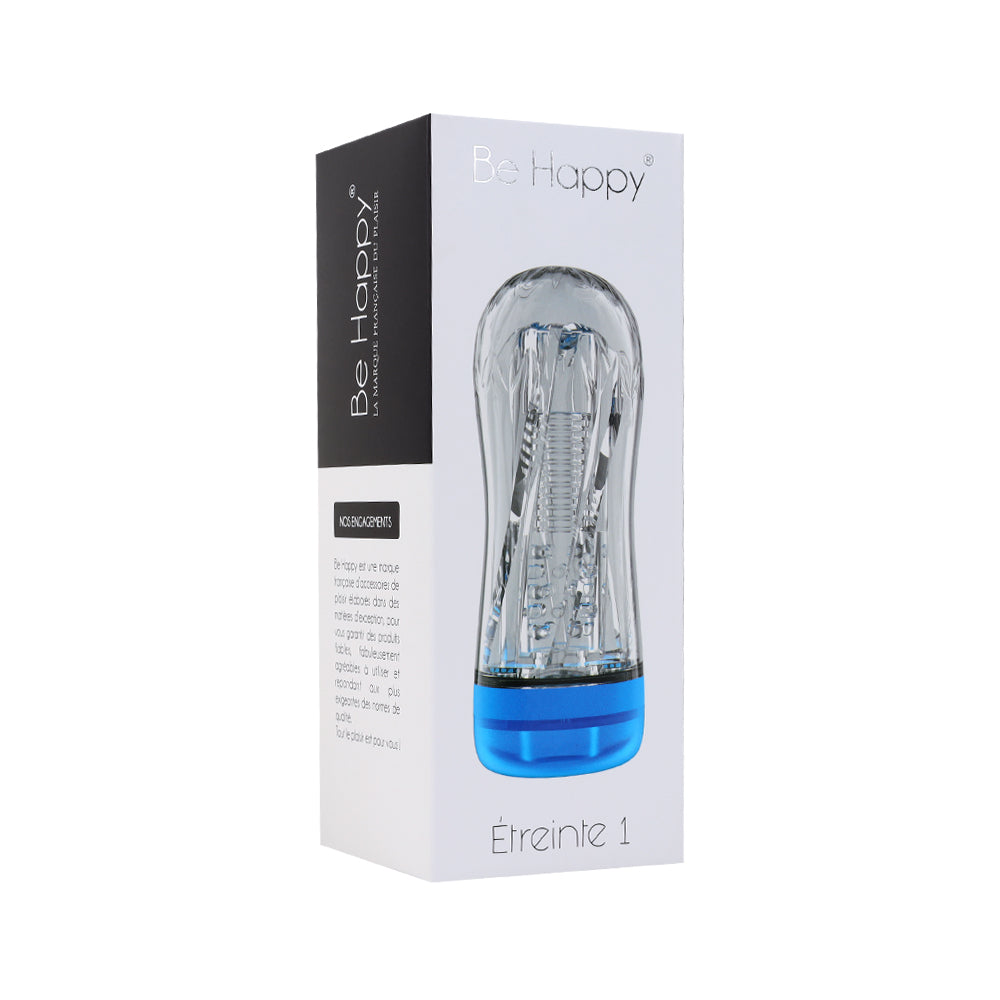 emballage produit etreinte gaine de masturbation transparente avec base bleue