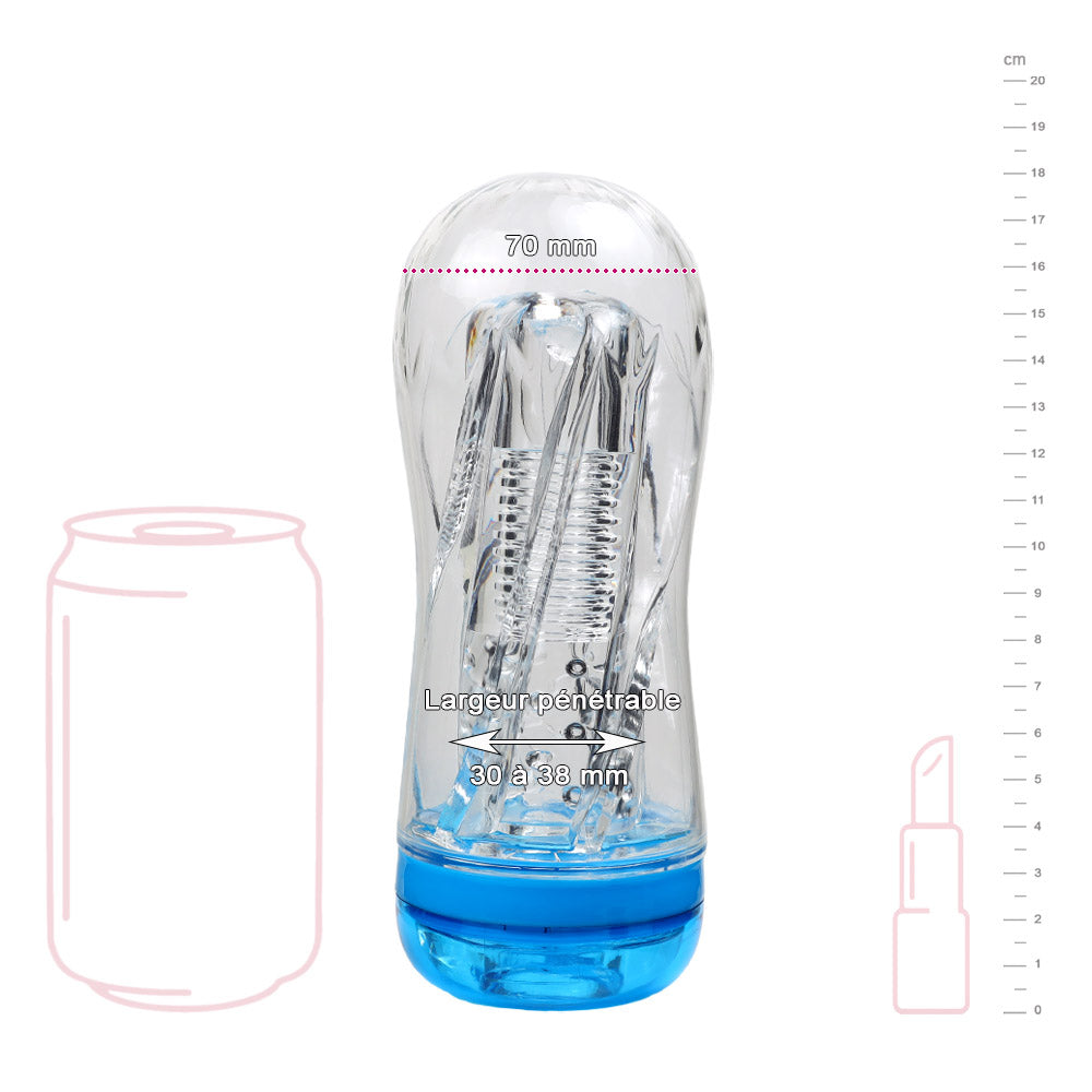 gaine de masturbation transparente avec dimensions et largeur penetrable indiquees
