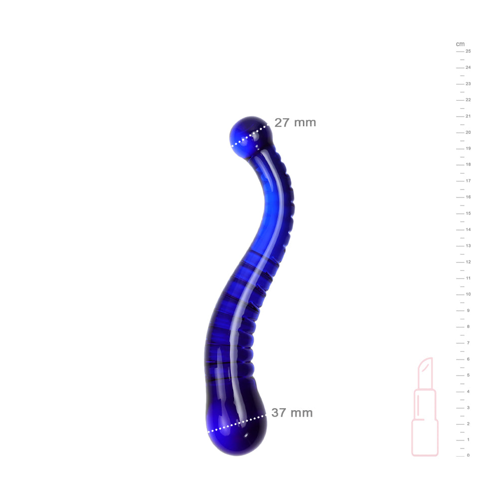 Be Bondage Gode Pyrex Incurvé Tentacule Unisexe Verre Bleu Debout Vue de Face avec Mesures