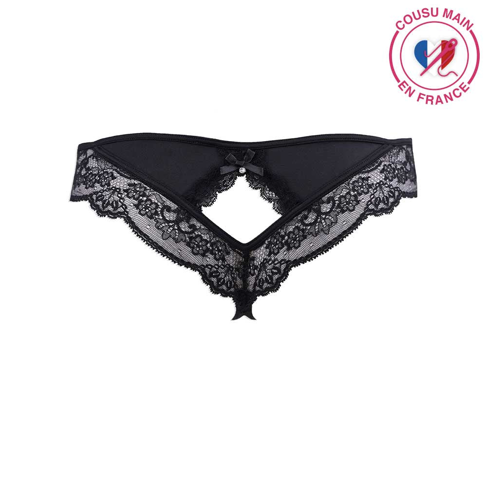 Tanga sexy ouvert en dentelle noire proposé par la maison de couture Française Luxxa