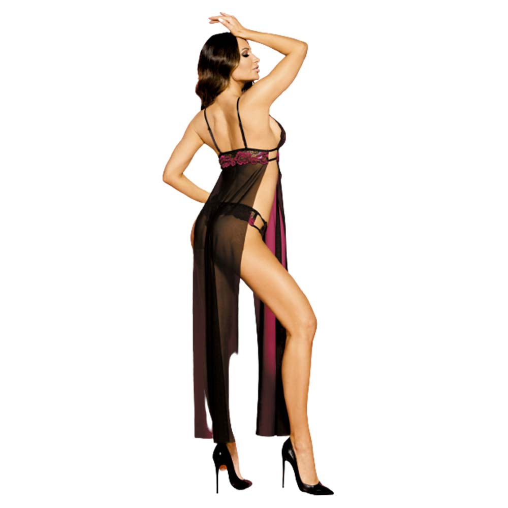 Nuisette Longue Tanga Mathilda Voile Dentelle Transparent Ensemble Sensual Lingerie Vue de Profil