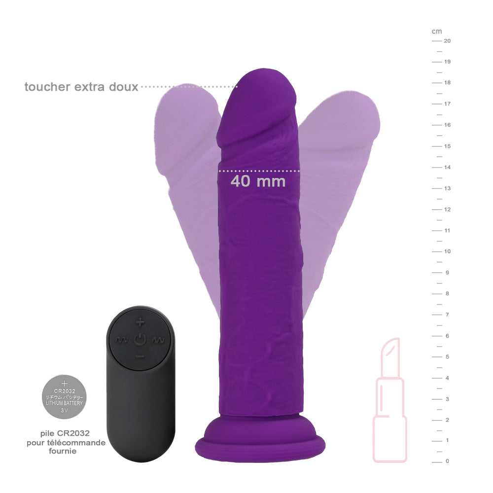 Be Happy Trépidant Gode Réaliste Sans Testicules Reliefs Vibrant Télécommandé Silicone Liquide Violet Vue de Face Mesures