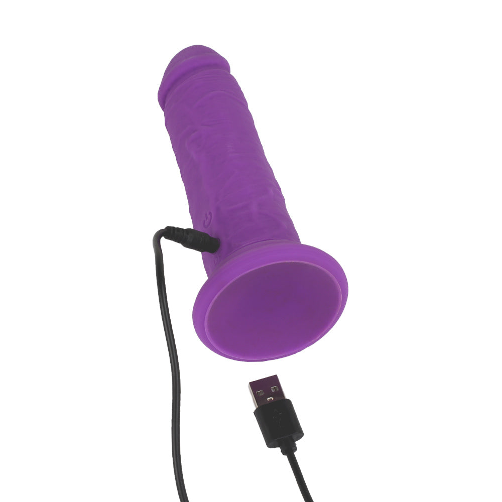 Be Happy Trépidant Gode Réaliste Sans Testicules Reliefs Vibrant Télécommandé Silicone Liquide Violet Vue de Haut Chargeur