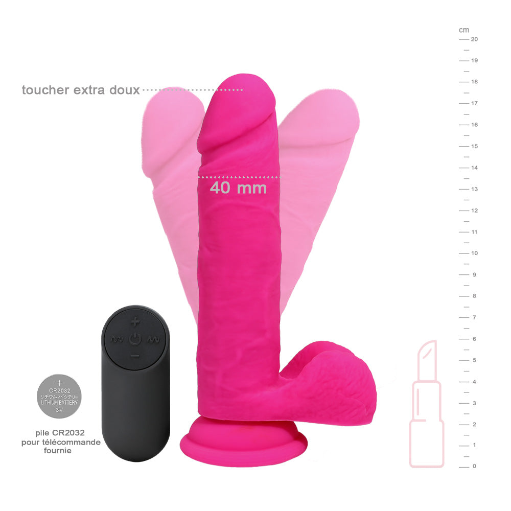 Be Happy Gode Ventouse Vibrant Effervescent Reliefs Réalistes Silicone Rose Télécommandé Vue de Face avec Mesures