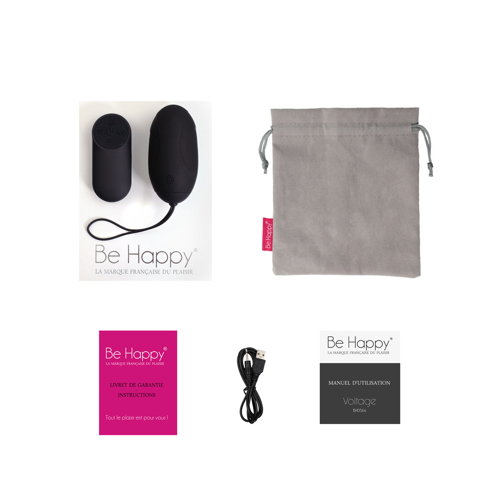 Be Happy Oeuf Vibrant Electrostimulation Voltage Télécommandé Silicone Noir Packaging Boite Accessoires Vue de Haut