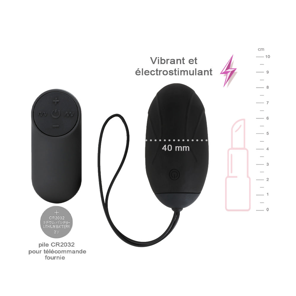 Be Happy Oeuf Vibrant Electrostimulation Voltage Télécommandé Silicone Noir Vue de Face Mesures