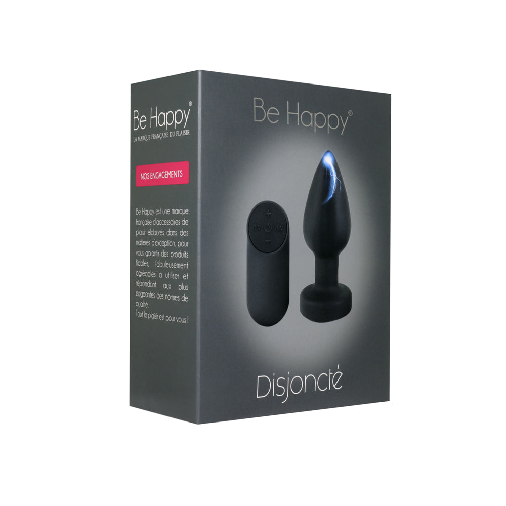 Be Happy Plug Anal Vibrant Electrostimulation Disjoncté Télécommandé Silicone Packaging Noir Vue Face