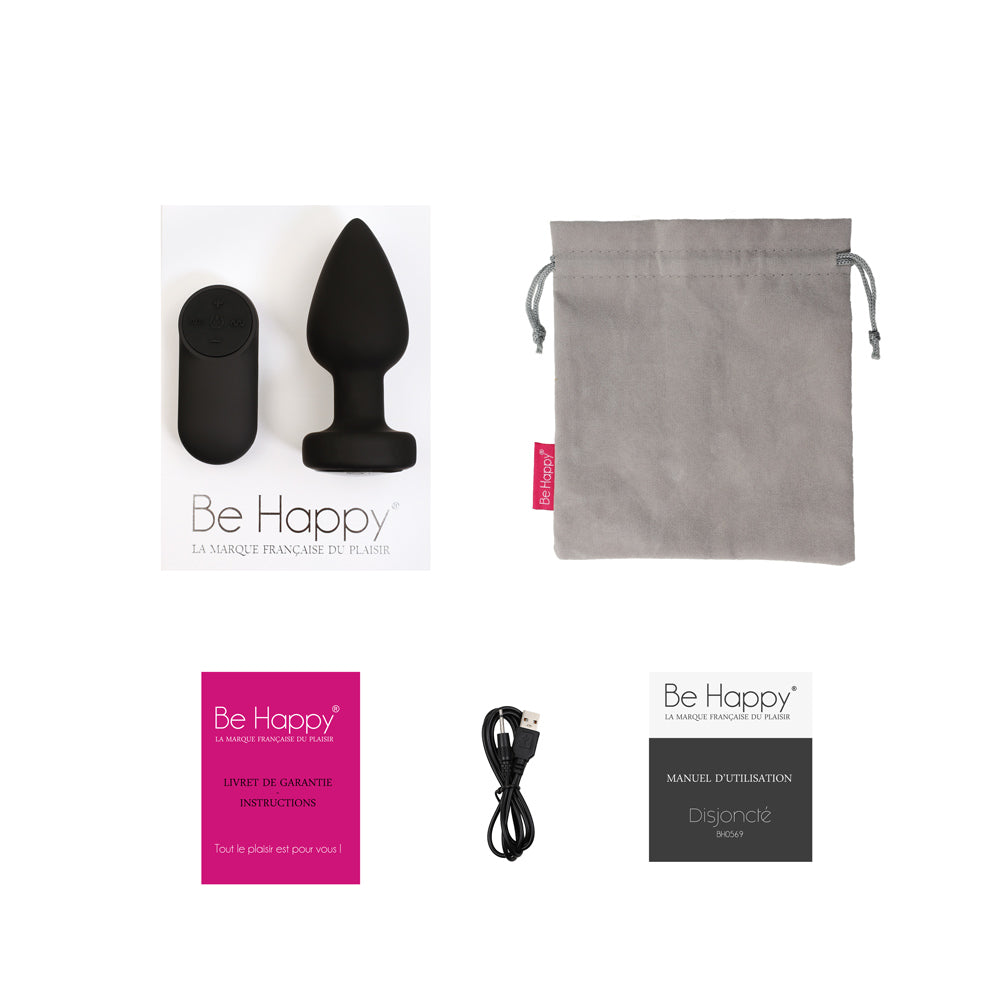 Be Happy Plug Anal Vibrant Electrostimulation Disjoncté Télécommandé Silicone Noir Packaging Accessoires Vue Haut