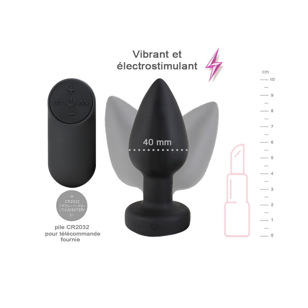 Be Happy Plug Anal Vibrant Electrostimulation Disjoncté Télécommandé Silicone Noir Vue Face Mesures