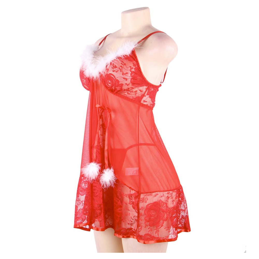 Sensual Lingerie Nuisette String Christmas Day Rouge Blanc Transparente Dentelles Vue de Côté