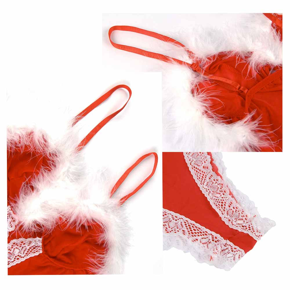 Sensual Lingerie Body Christmas Dream Mère Noël Rouge Blanc Fourrure Dentelle Zoom sur Détails