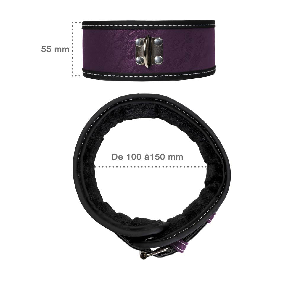Be Bondage Coffret Fetish Kit Complet BDSM Soft Violet 9 accessoires Collier Vue de Face avec Mesures