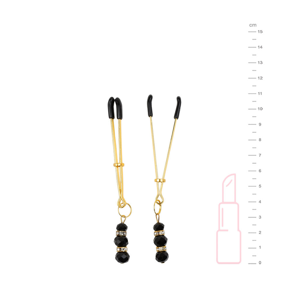 Be Bondage Pinces à Tétons BDSM 3 Billes Bijoux Noires et Dorées Vue de Face avec Mesures