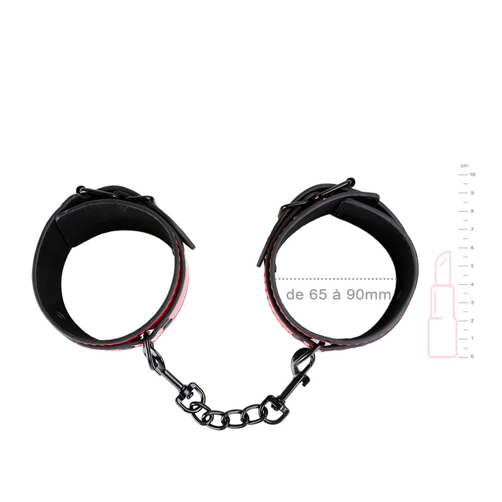 Be Bondage Entraves Bicolore Brillantes Rouges et Noires avec Chaîne Vue de haut avec Mesures