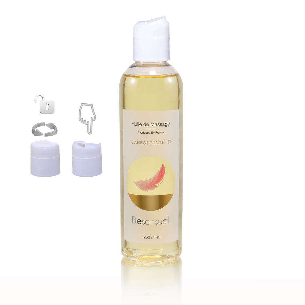 Be Sensual Cosmétiques Huile de Massage Sèche Caresse Flacon Vue de Face Zoom Bouchon Sécurité Fond Blanc - Neutre - 8