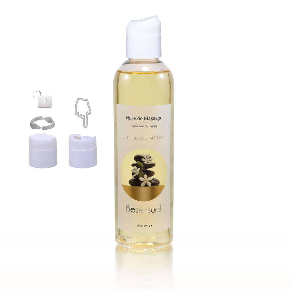 Be Sensual Cosmétiques Huile de Massage Sèche Monoï Flacon Vue de Face Zoom Bouchon Sécurité Fond Blanc - Monoi - 7