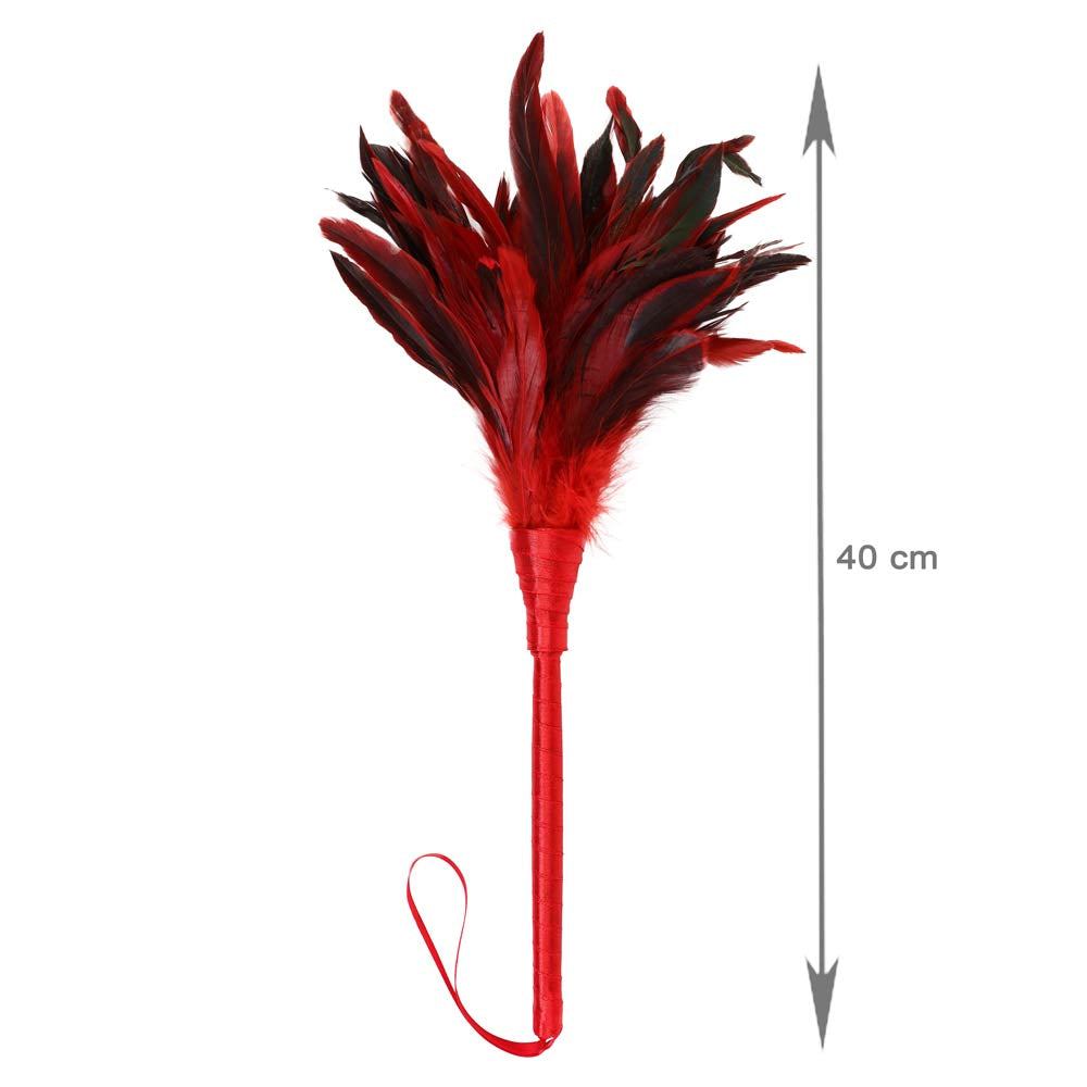Be Bondage Plumeau Bicolore à Caresses Sensuelles 35 cm Manche Rouge Vue de Face avec Mesures