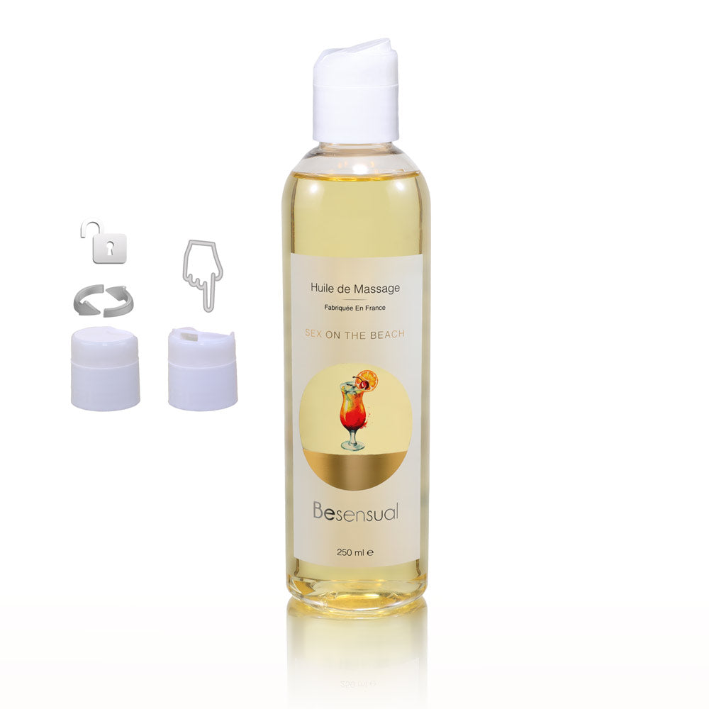 Be Sensual Cosmétiques Huile de Massage Sèche Pina Colada Flacon Vue de Face Zoom Bouchon Sécurité Fond Blanc - Sex-on-the-beach - 9