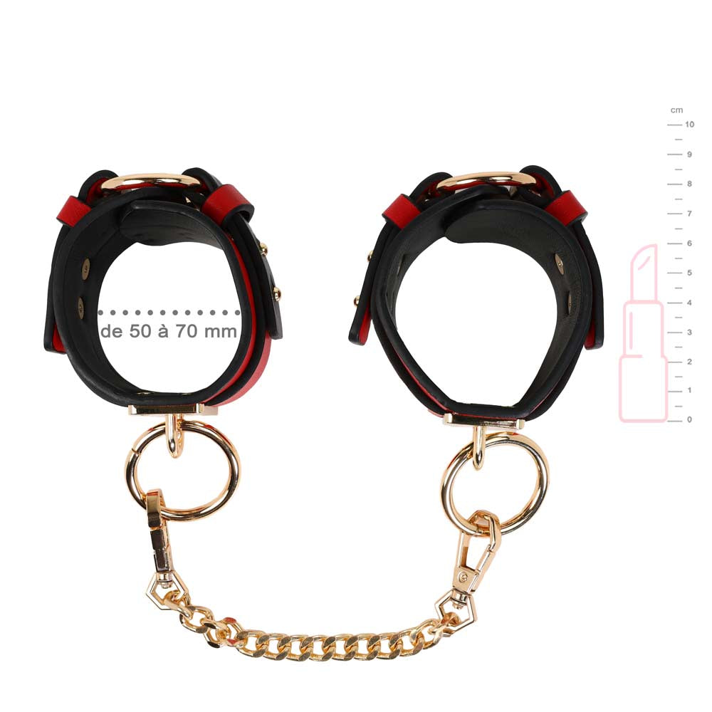 Menottes Chevilles Cuir Rouge - Vue Technique - Be Bondage