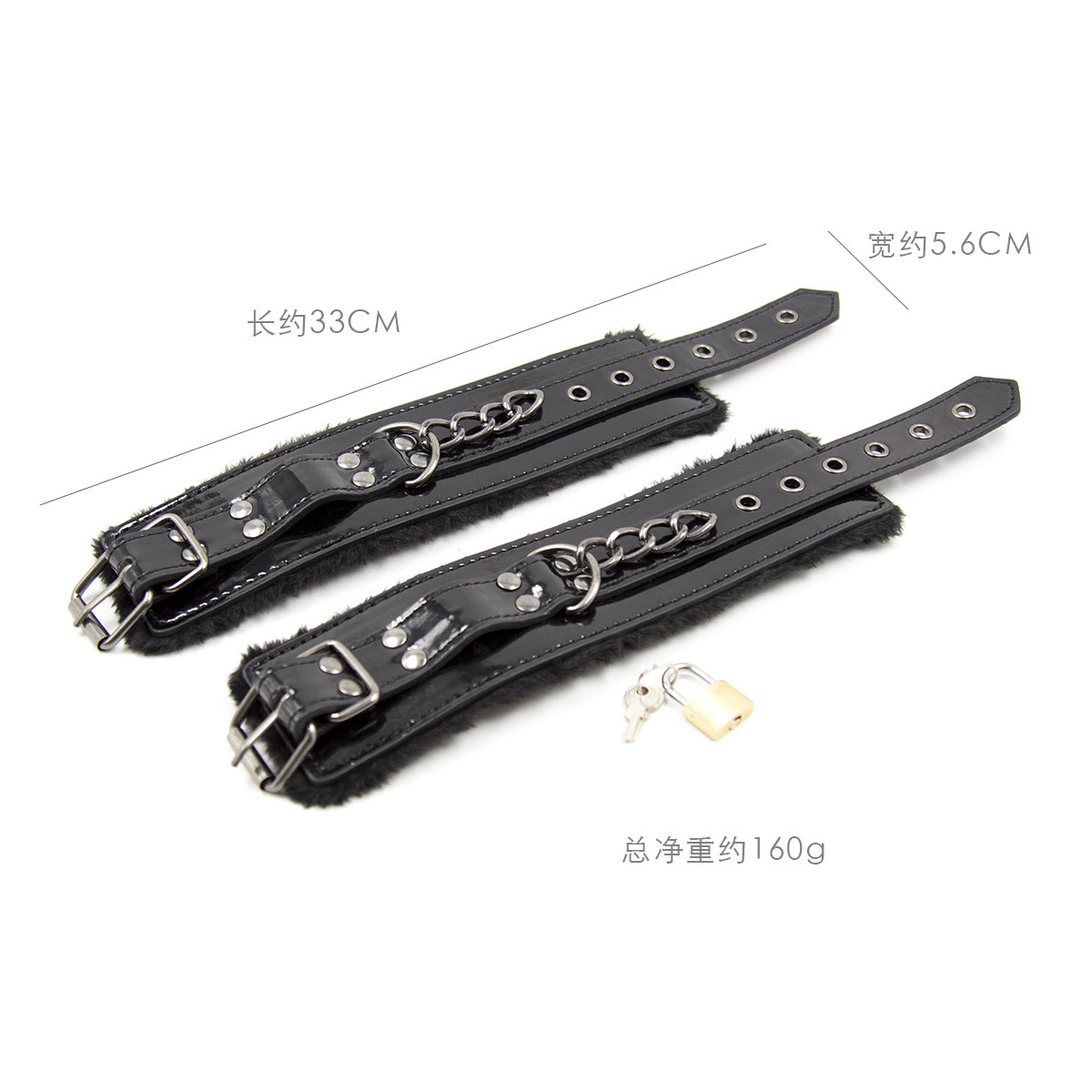 Menottes Noir Mains Intérieur Fourrure - Vue Ouverte Dimensions - Be Bondage