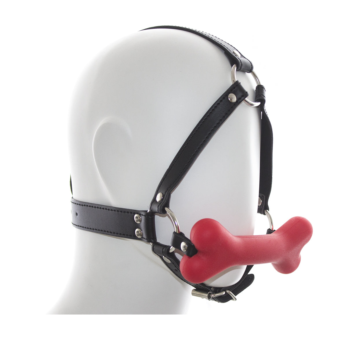 Bâillon Chien Sangles Cuir Noir et Os Rouge - Vue Latérale Droite - Be Bondagege