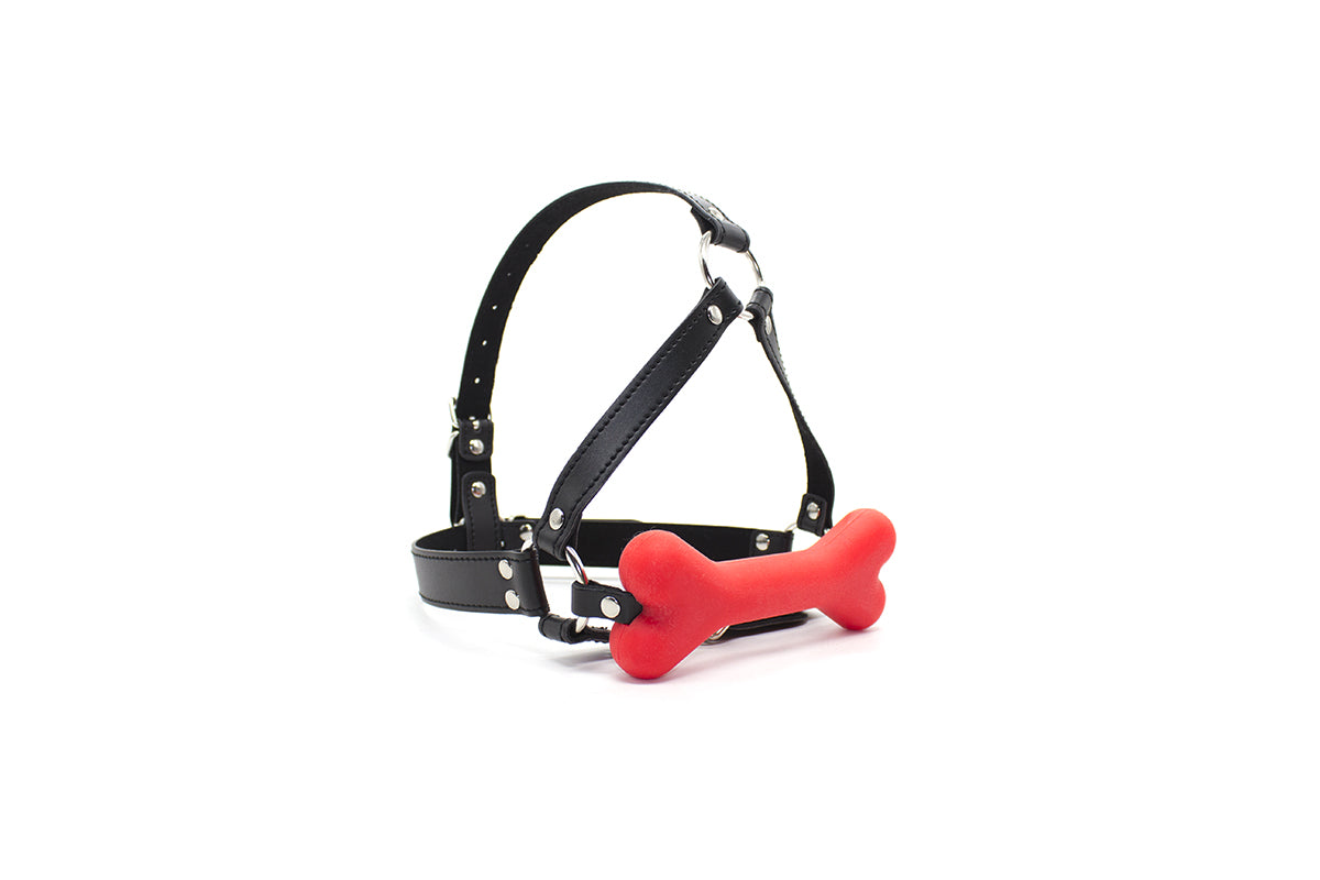 Bâillon Chien Sangles Cuir Noir et Os Rouge - Vue sans Mannequin - Be Bondage