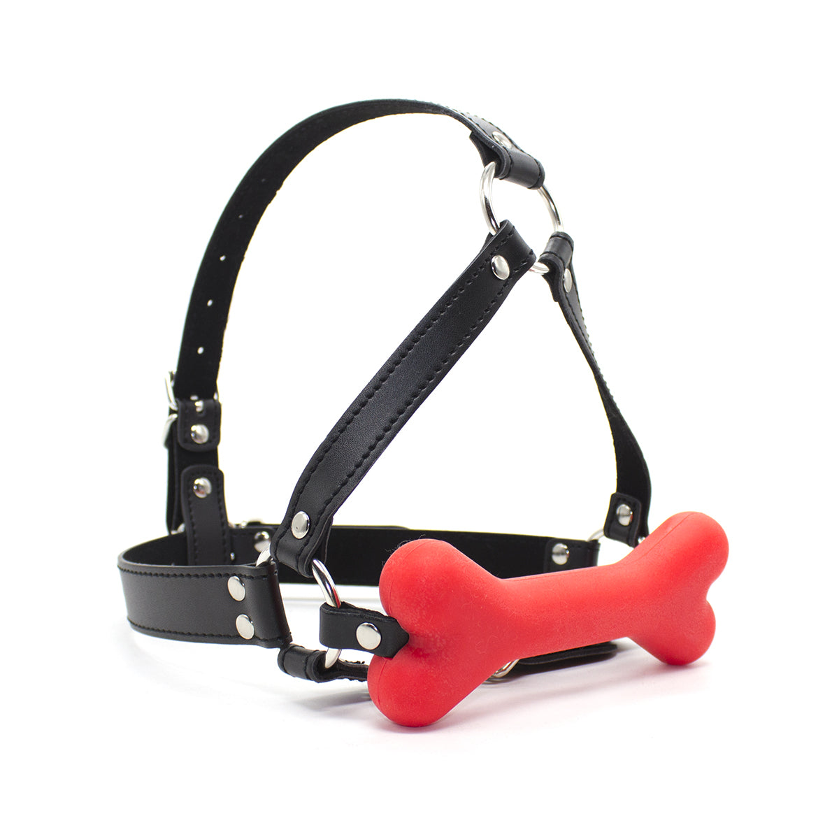 Bâillon Chien Sangles Cuir Noir et Os Rouge - Zoom sans Mannequin - Be Bondage