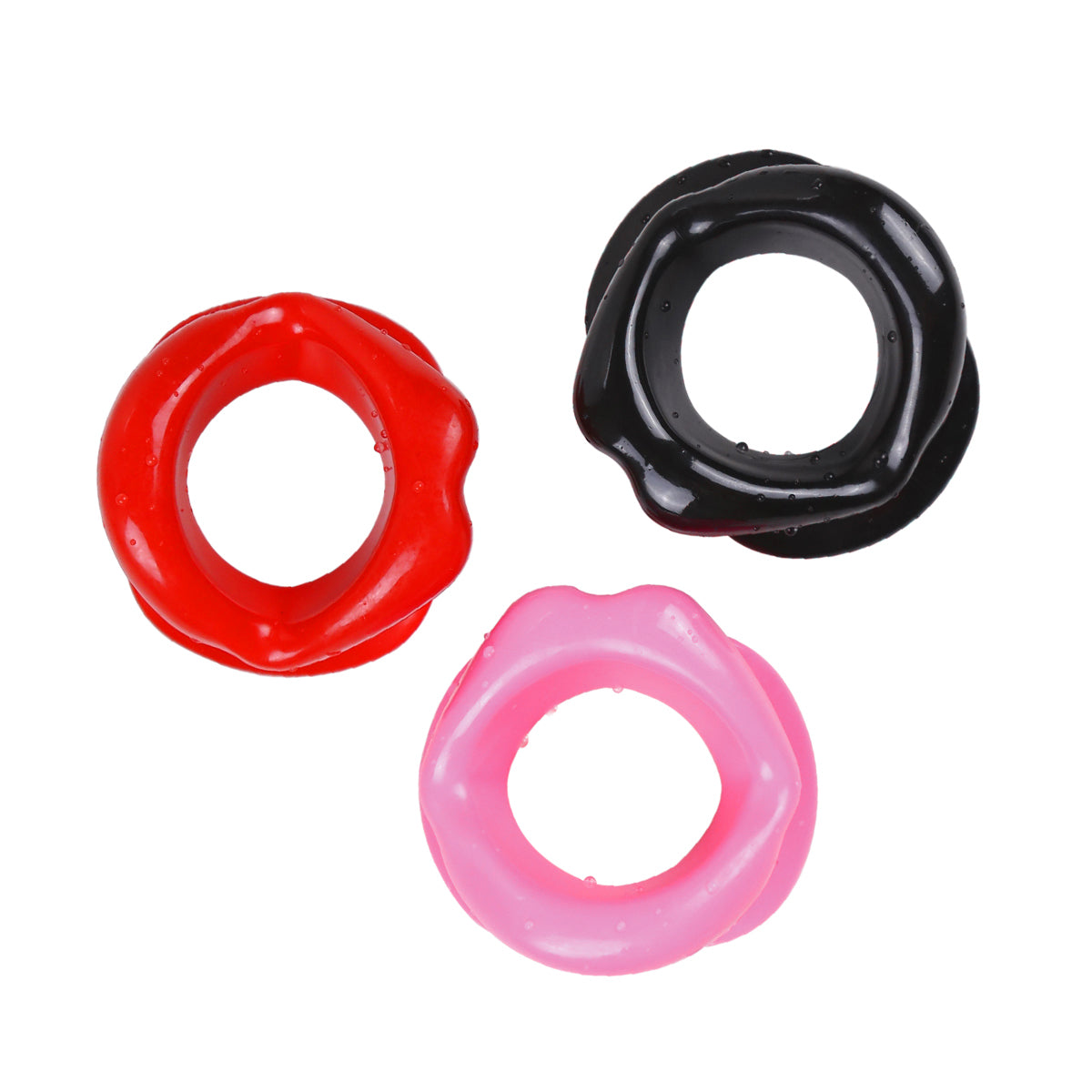 Lot 3 Bâillons Anneaux Bouche - Silicone Rouge, Rose, Noir - Be Bondage