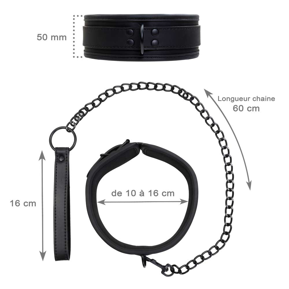 Collier et Chaîne Similicuir noir - Vue Technique - Be Bondage