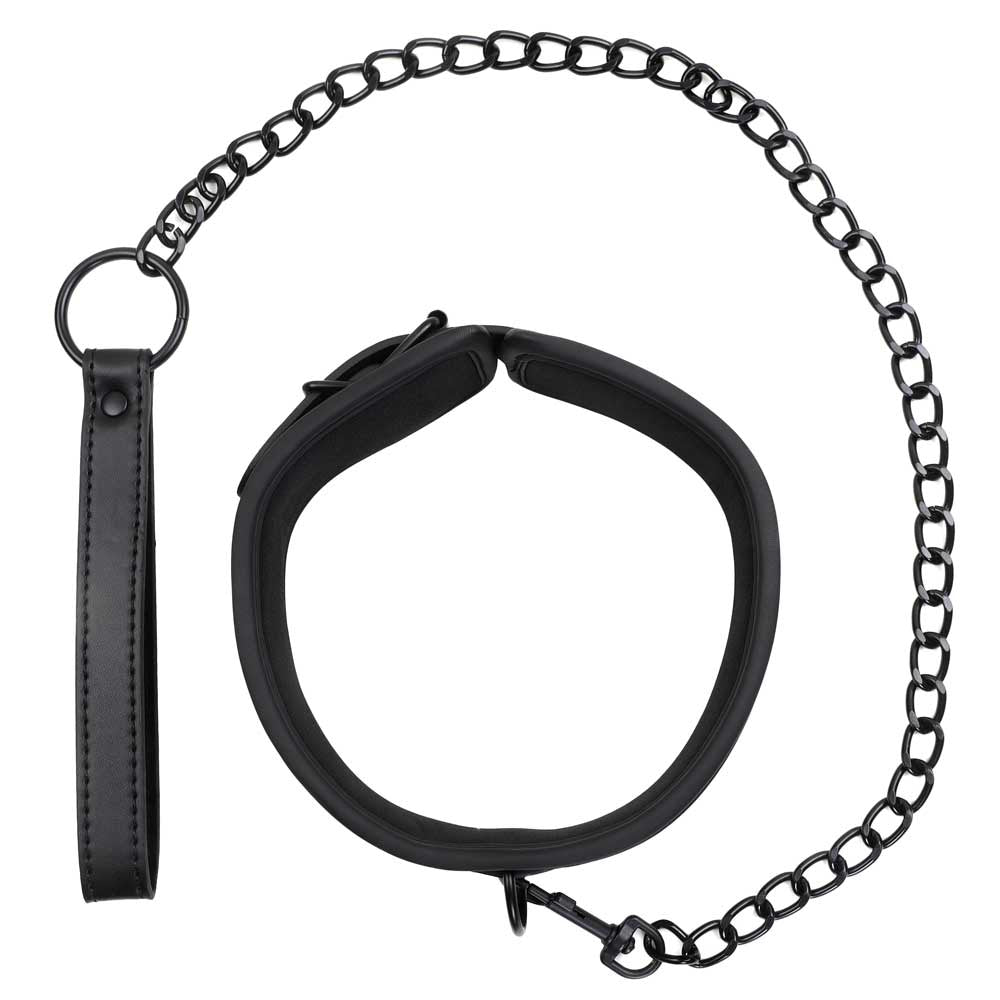 Collier et Chaîne - Simili Cuir Noir - Be Bondage