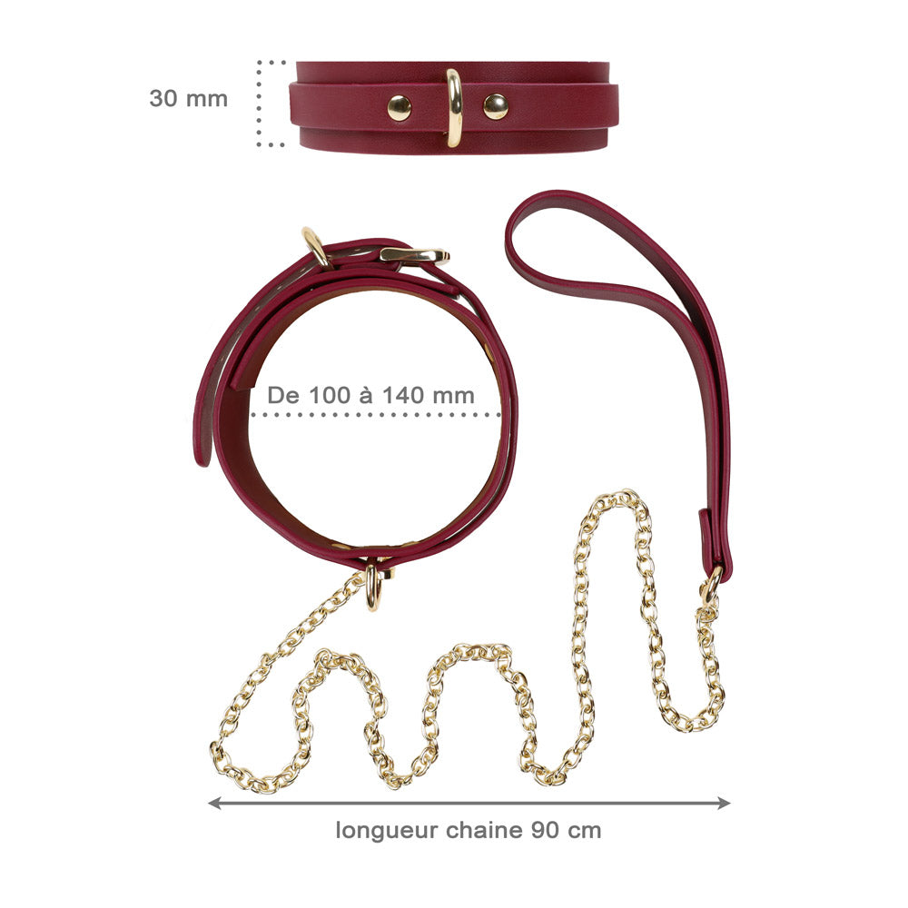 Collier & Laisse BDSM - Cuir et Métal - vue technique rouge - Be Bondage