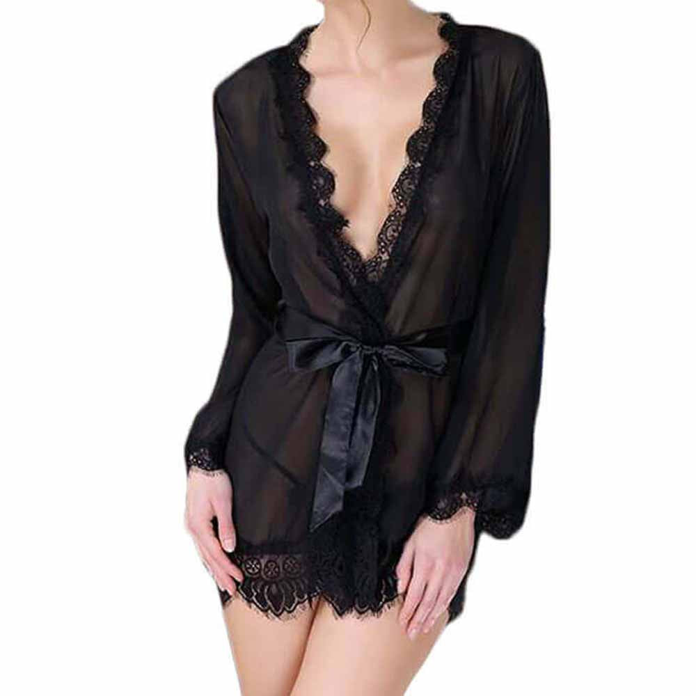 kimono pivoine sensual lingerie - court avec voile et dentelle - noir porté de face