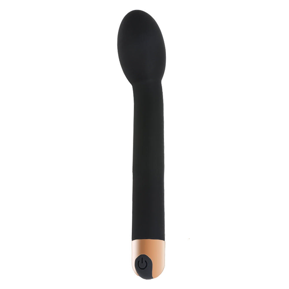 MALICE, stimulateur clitoridien et point G recourbé noir et doré vu de face
