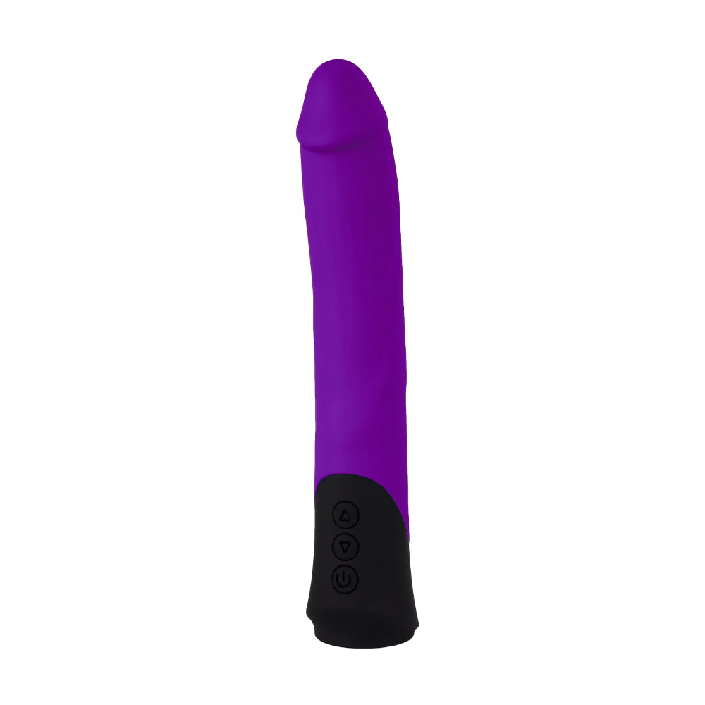 vibromasseur phallique colossal violet avec boutons de commande visibles