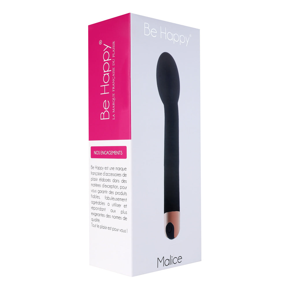 MALICE, stimulateur clitoridien et point G recourbé noir et doré vu de profil