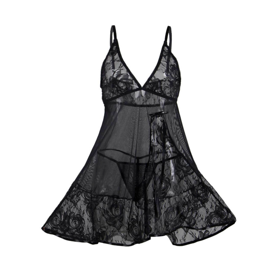 Ensemble Babydoll Rosace - face - noir - Sensual Lingerie
