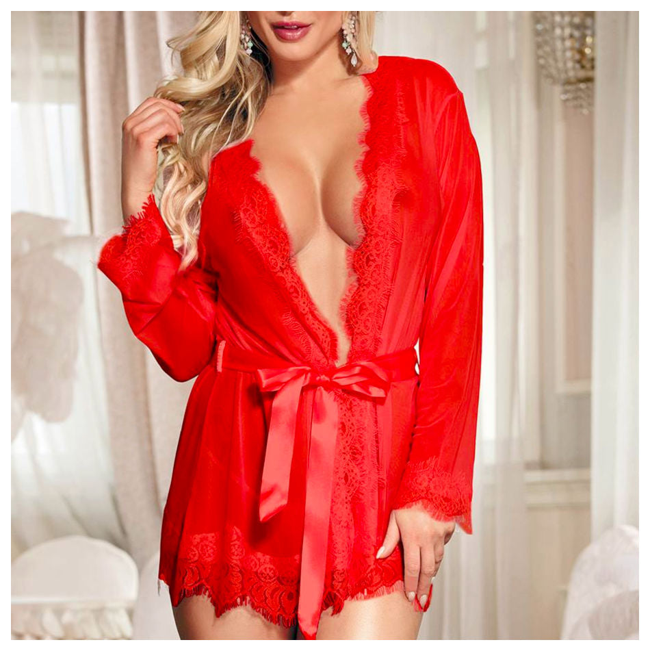 kimono pivoine sensual lingerie - court avec voile et dentelle - rouge porté de face, profil et dos