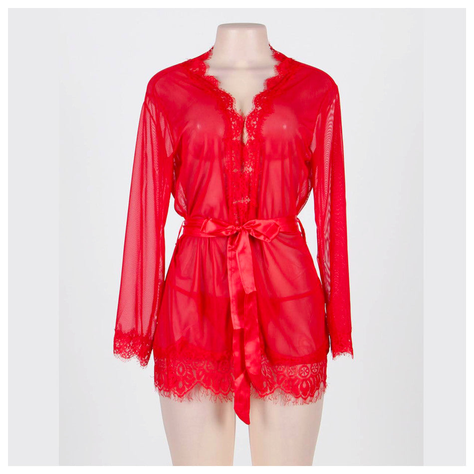 kimono pivoine sensual lingerie - court avec voile et dentelle - mannequin rouge porté de face, profil et dos