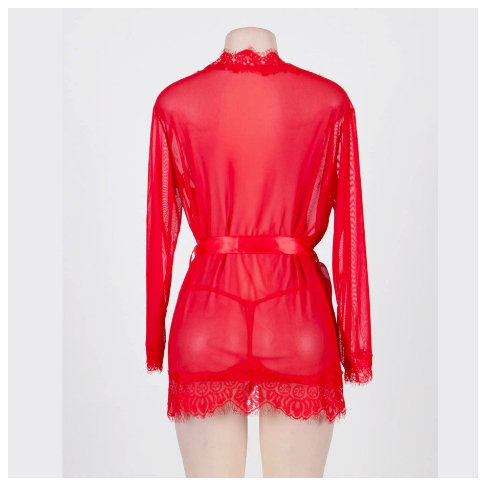 kimono pivoine sensual lingerie - court avec voile et dentelle - mannequin rouge porté de face, profil et dos