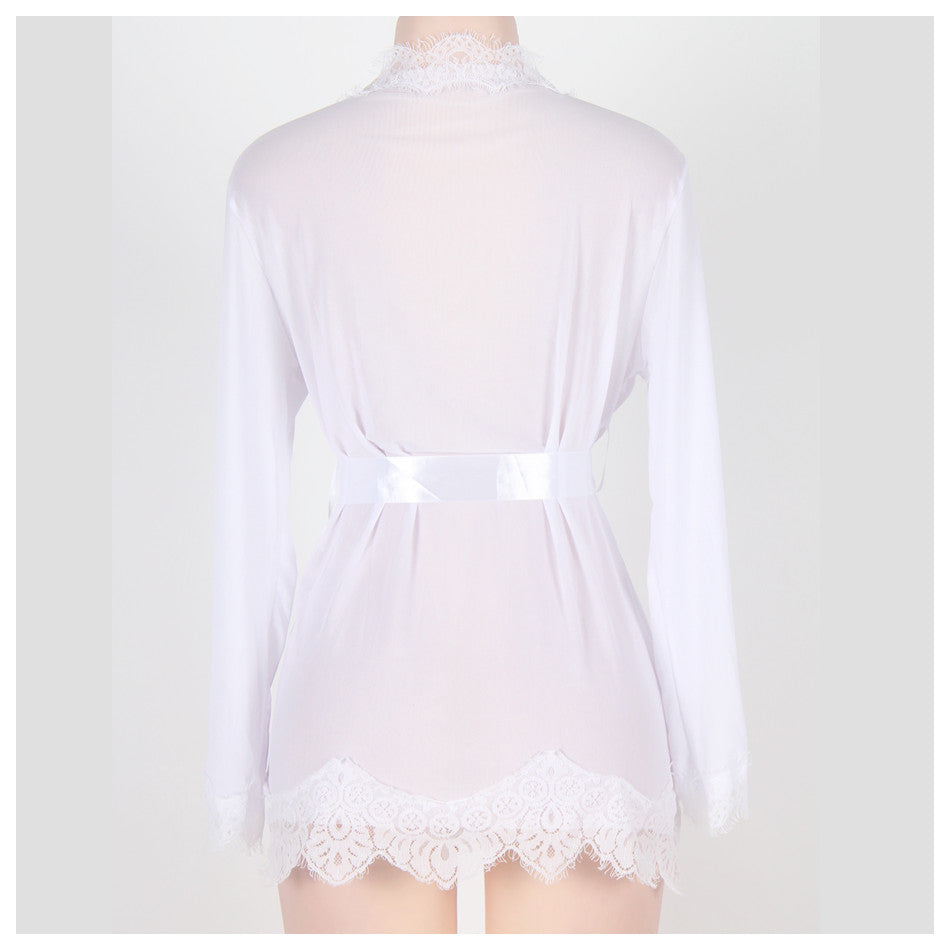 kimono pivoine sensual lingerie - court avec voile et dentelle - blanc mannequin de face, profil et dos