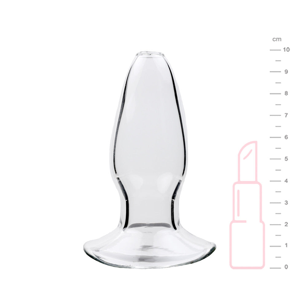 plug anal en verre transparent avec sa taille indiquée