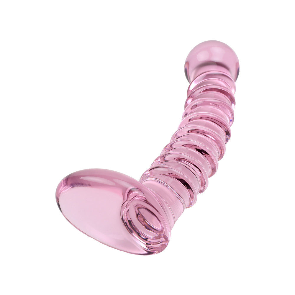 Gode en verre rose avec relief et arrêt, vue du dessous