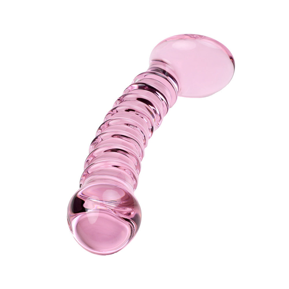 Gode en verre rose avec relief et arrêt, vue du dessus