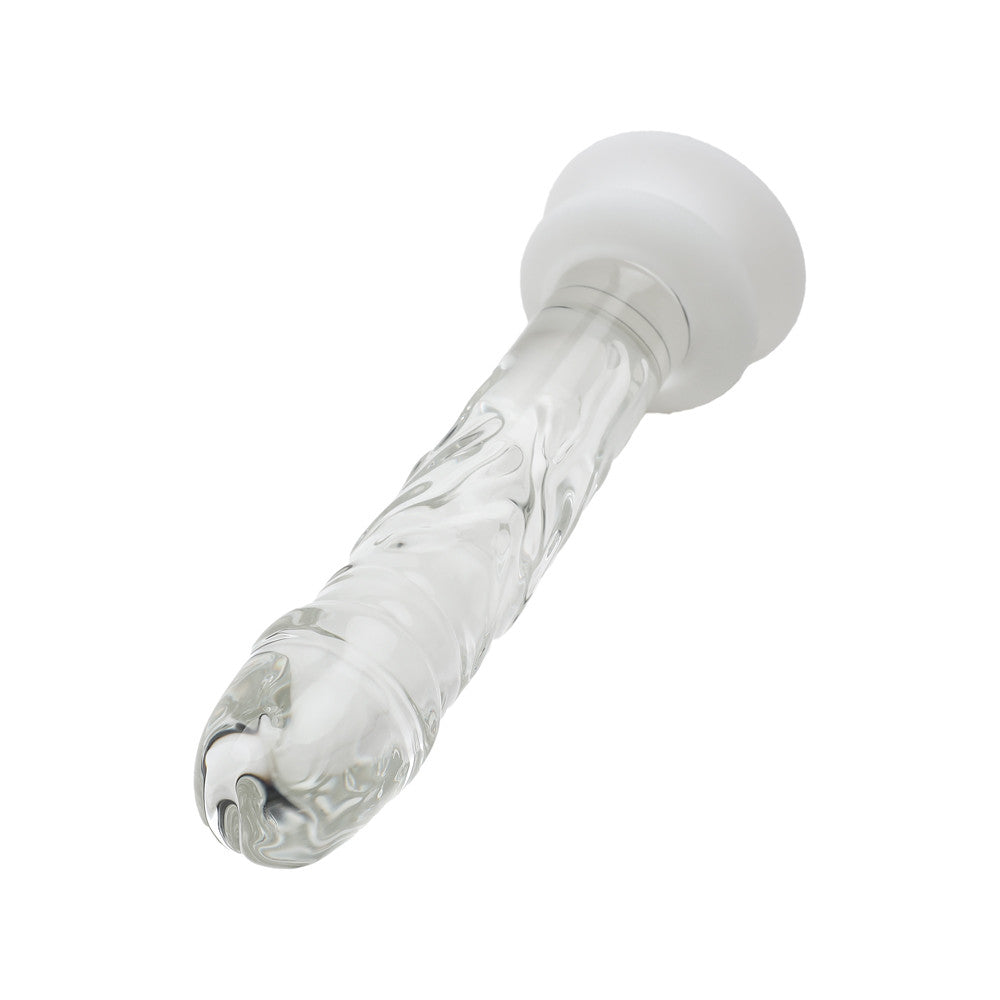 Gode en verre transparent avec socle blanc, vue du dessus