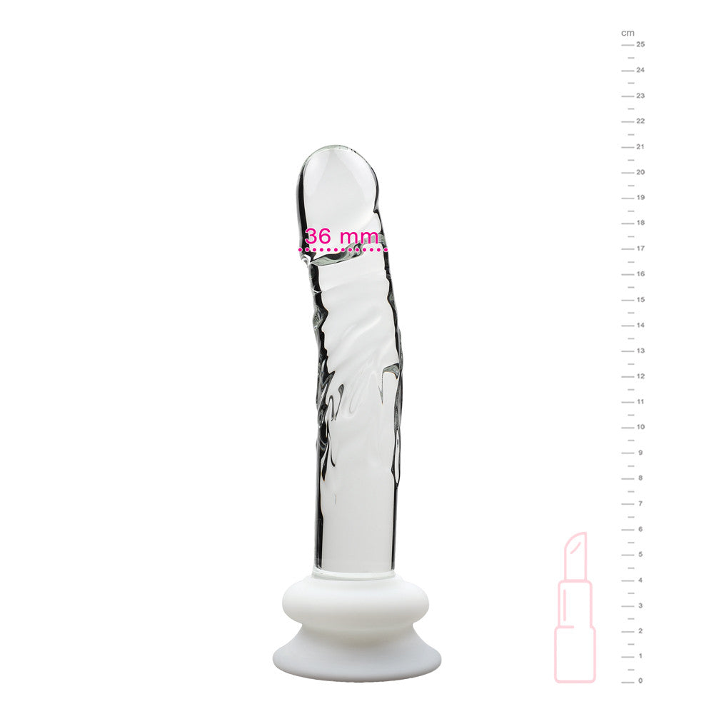 Gode en verre transparent avec socle blanc, graduation
