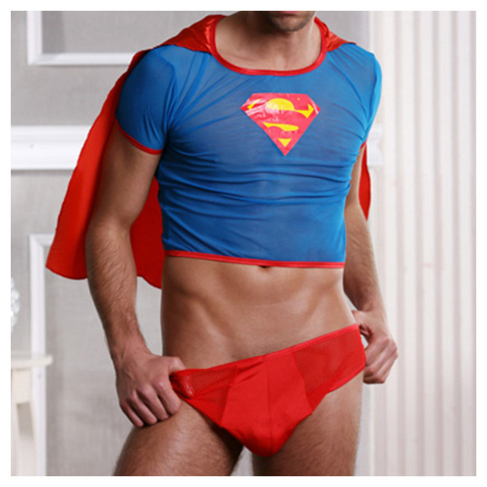 Déguisement superman sexy homme avec t-shirt à cap et slip vu de face
