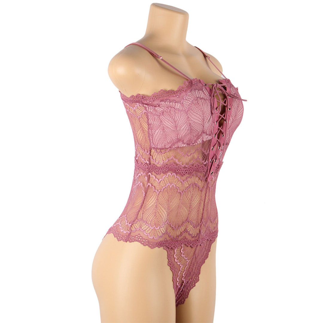 Body en dentelle rose avec laçage sur mannequin vue de côté