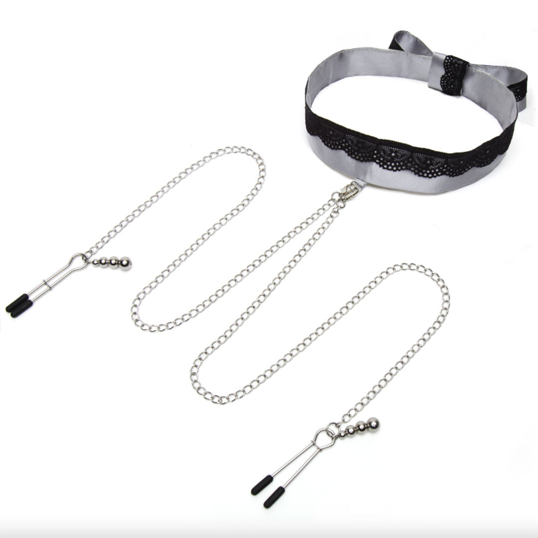Collier et pinces à tétons satin dentelle - 50 nuances de grey