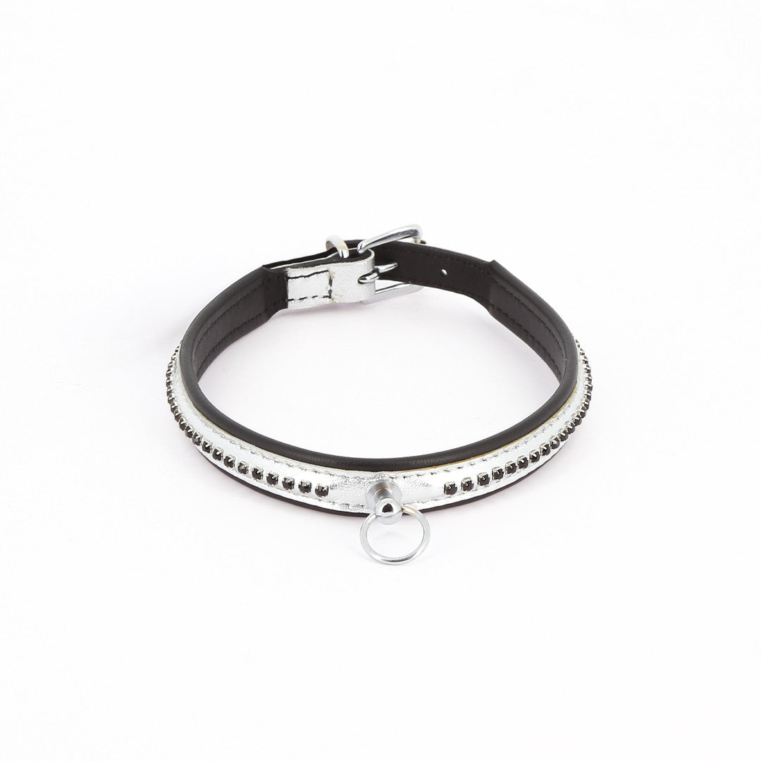 Collier Cuir Rangée Strass Argent