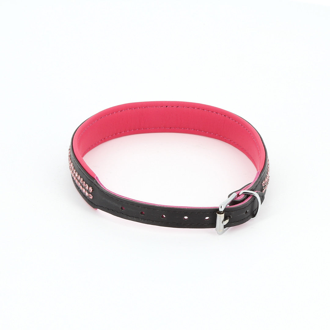Collier Cuir 2 rangées strass rouge